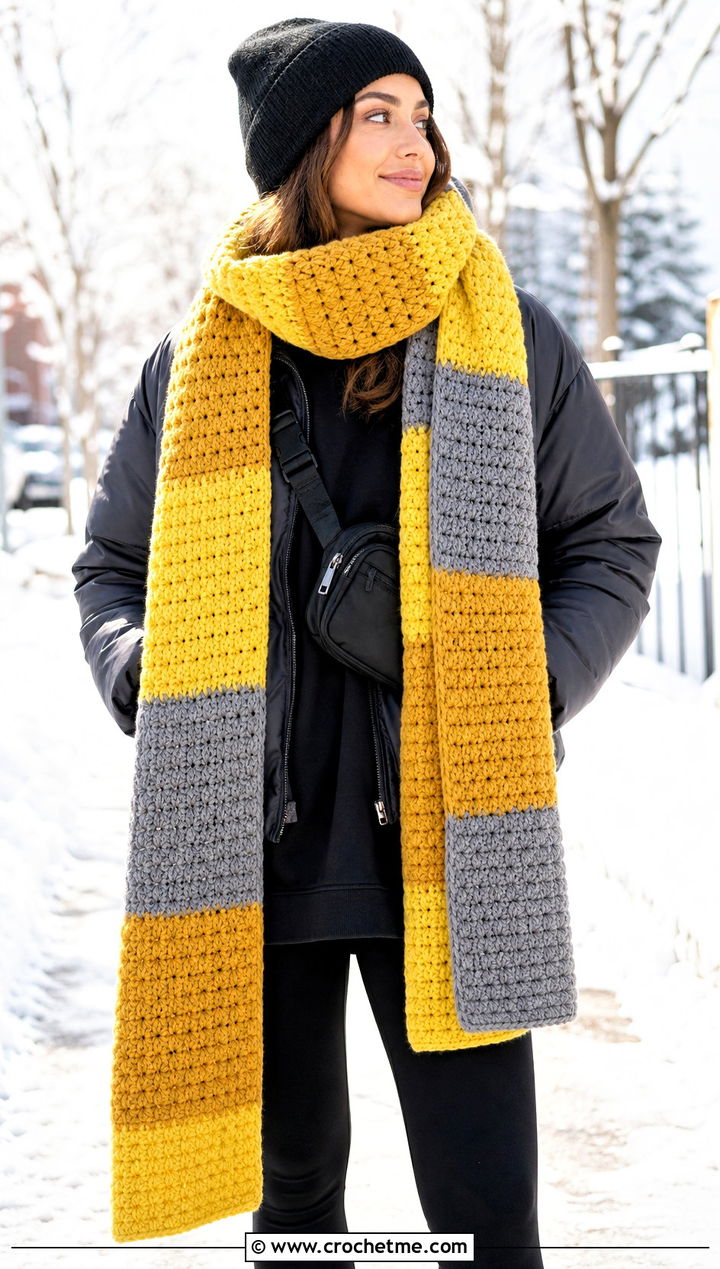 Patchwork Crochet Super Scarf With Puffer Jacket and Leggings - 15 Patchwork Crochet Scarf outfit ideas