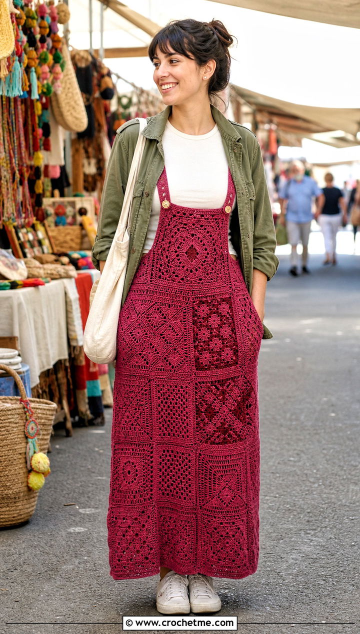 Patchwork Crochet Suspender Skirt With Utility Jacket - 25 crochet suspender skirt outfit ideas