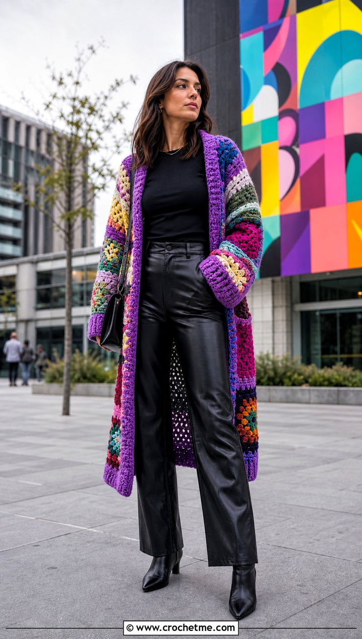 Patchwork Crochet Sweater Blanket With Leather Pants - 25 crochet sweater blanket outfit ideas