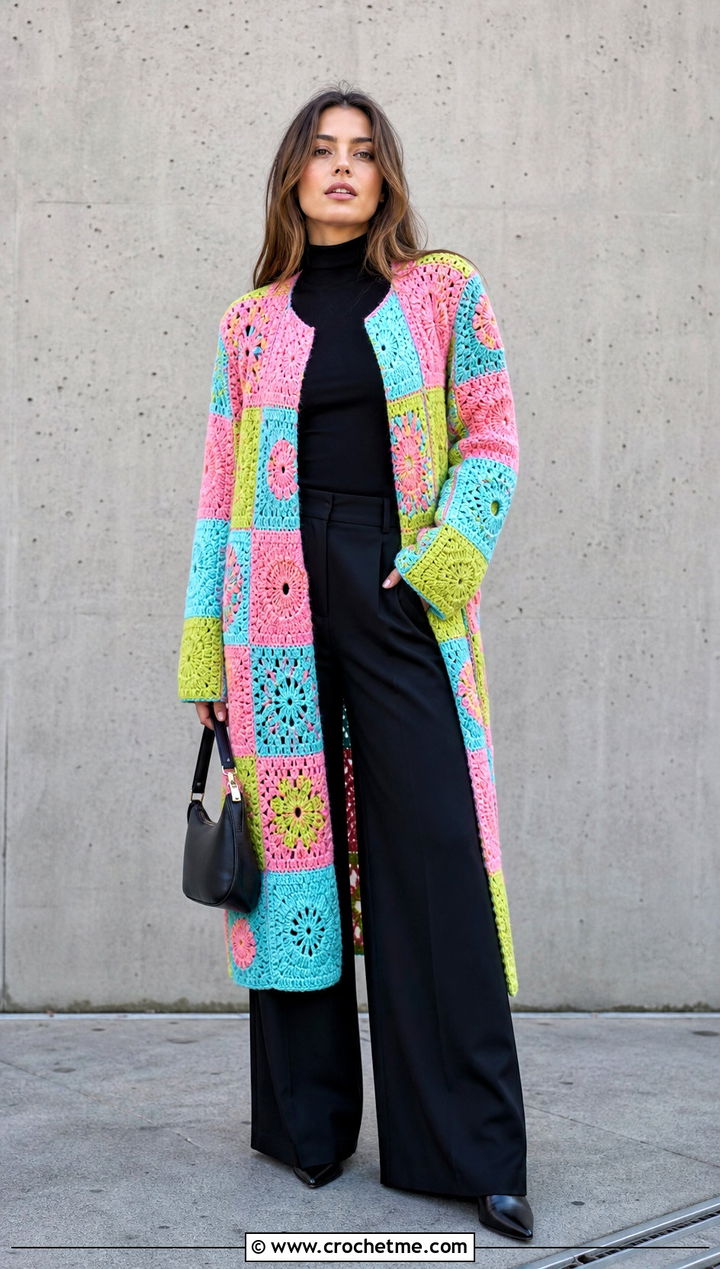 Patchwork Crochet Sweater Coat With A Monochrome Black Outfit - 20 Crochet Sweater Coat outfit ideas