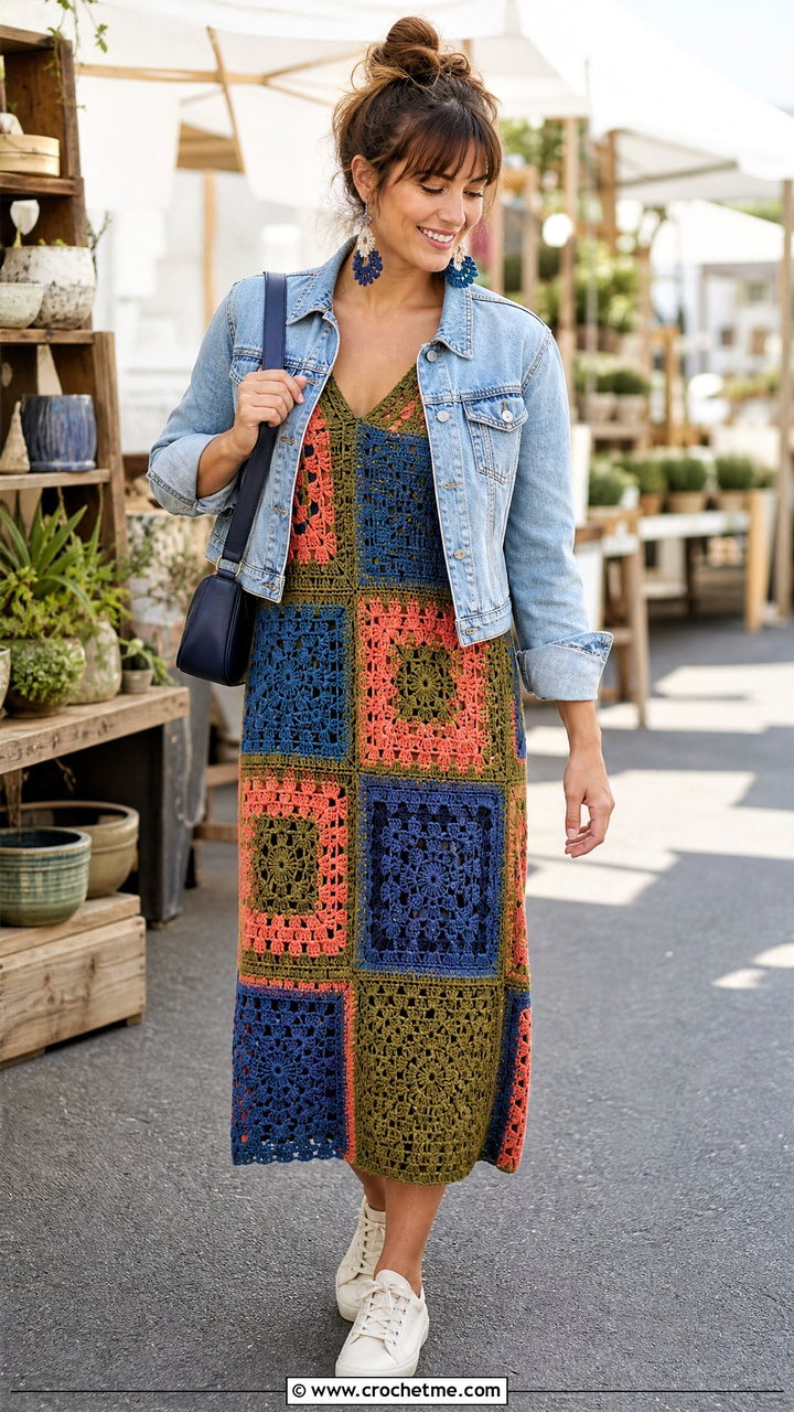 Patchwork Crochet Sweater Dress With Canvas Sneakers - 35 crochet sweater dress outfit ideas