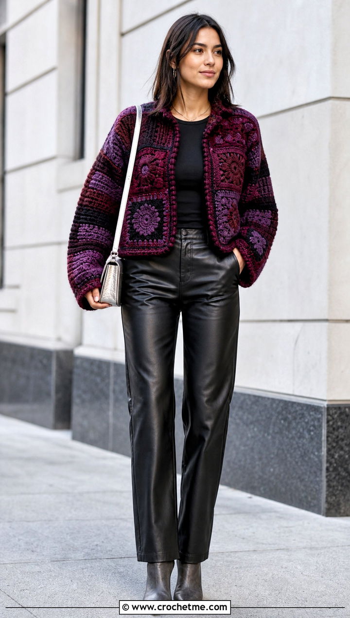 Patchwork Crochet Sweater Jacket With Leather Pants - 20 Crochet Sweater Jacket outfit ideas