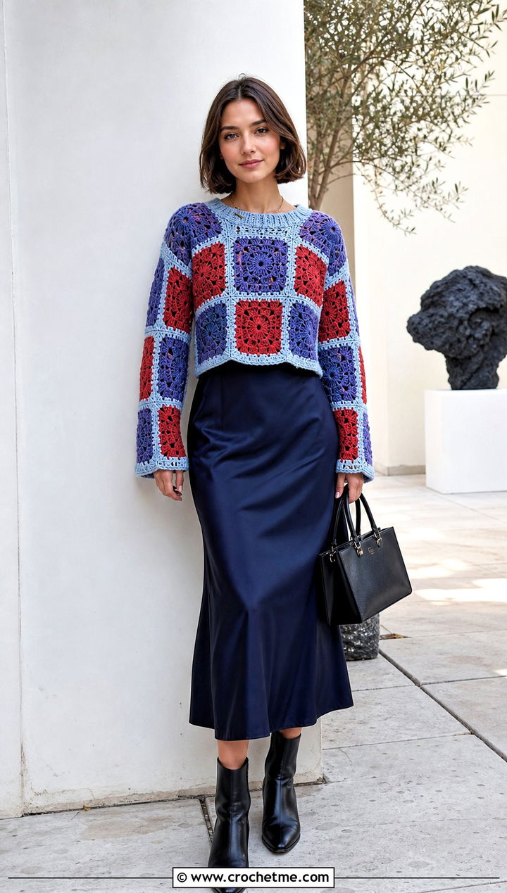 Patchwork Crochet Sweater Over A Slip Dress - 25 Patterned Crochet Sweater outfit ideas