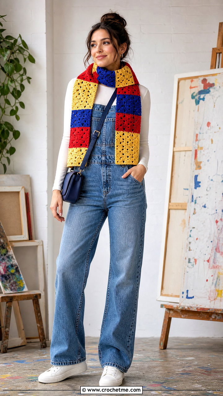 Patchwork Crochet Sweater Scarf With Denim Overalls - 35 crochet sweater scarf outfit ideas
