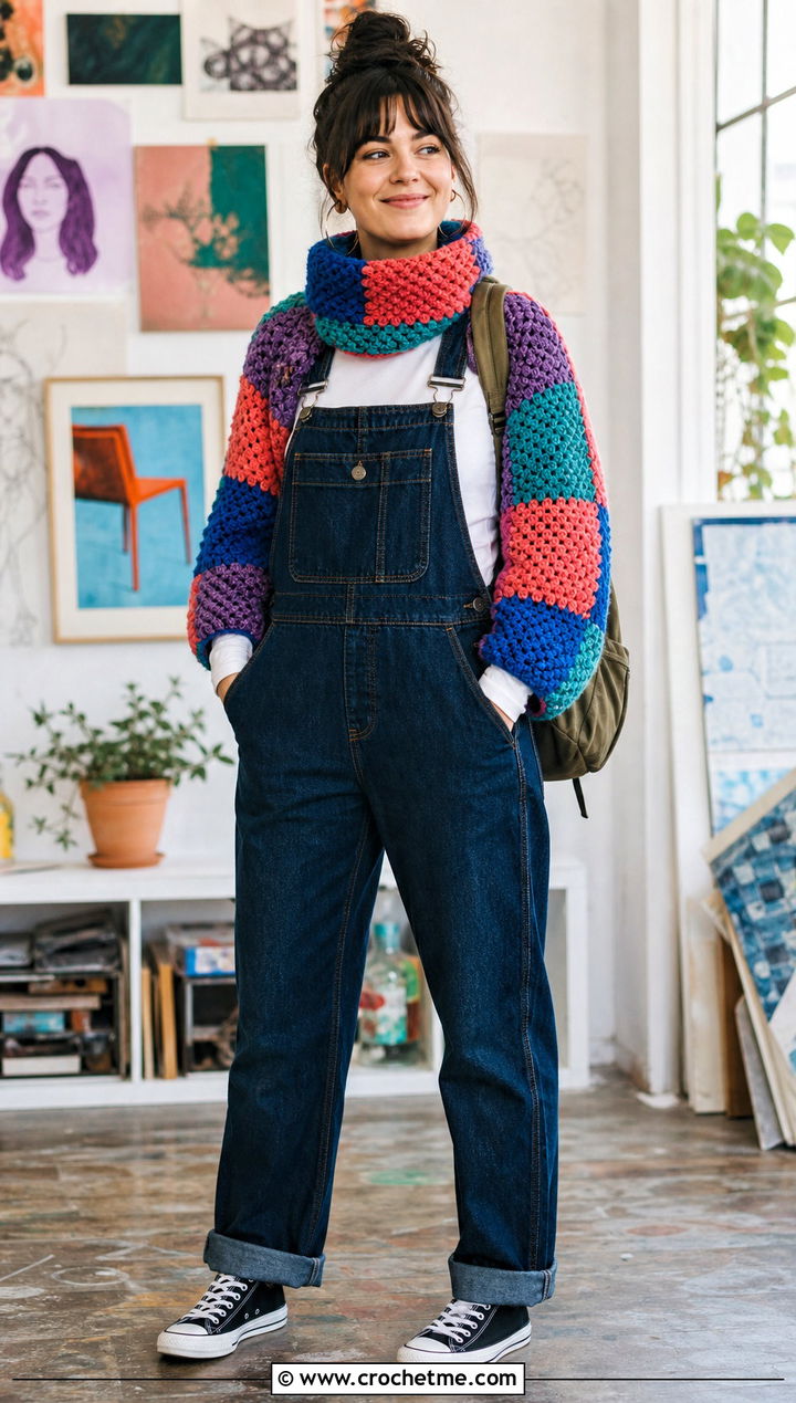 Patchwork Crochet Sweater Scarf With Sleeves And Denim Overalls - 25 crochet sweater scarf with sleeves outfit ideas