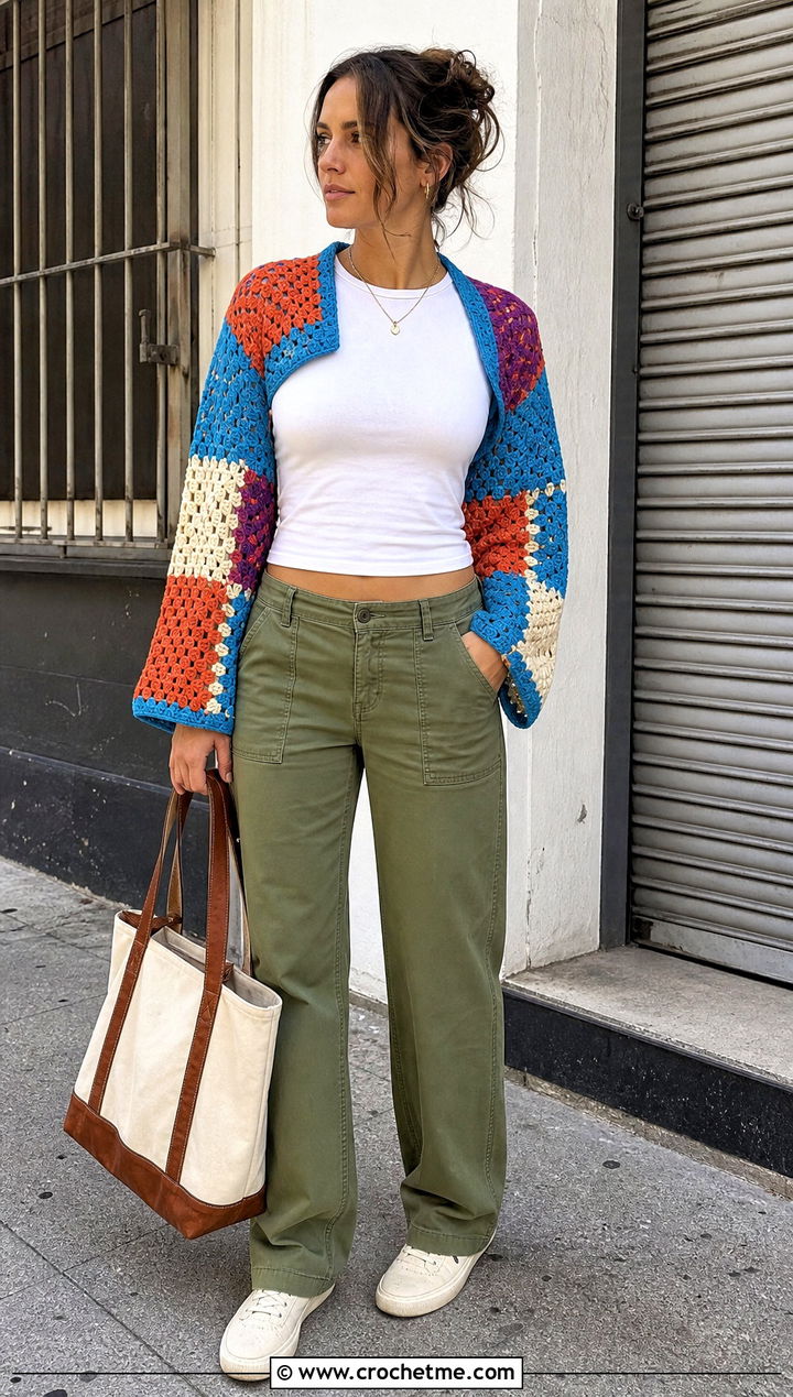Patchwork Crochet Sweater Shrug With Utility Pants - 30 crochet sweater shrug outfit ideas