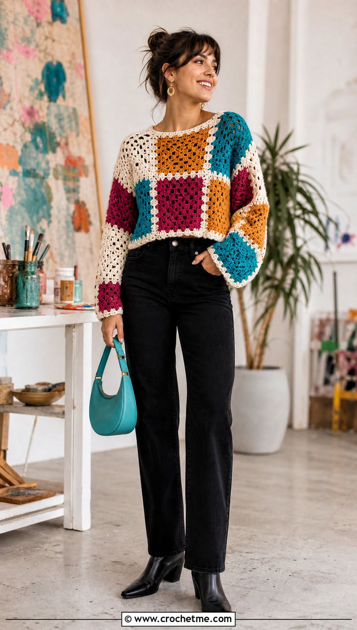 Patchwork Crochet Sweater Top With Black Jeans - 35 Crochet Top Sweater outfit ideas