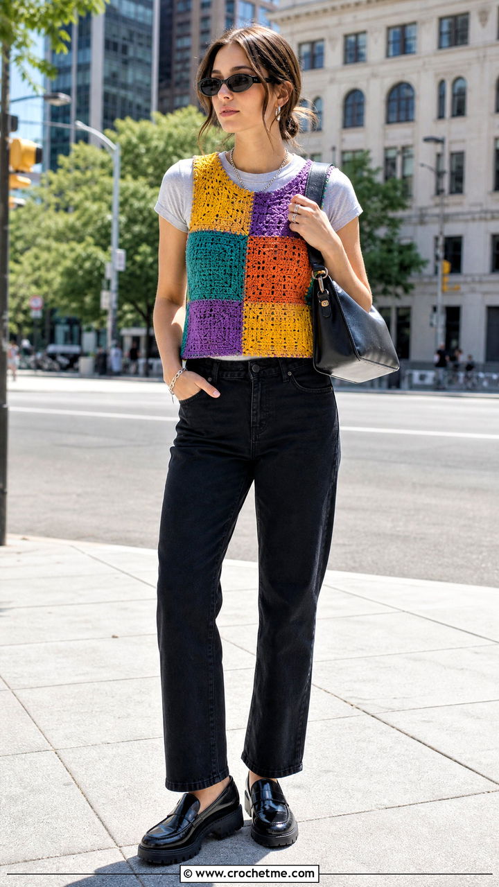 Patchwork Crochet Sweater Vest With Black Denim - 35 crochet sweater vest outfit ideas