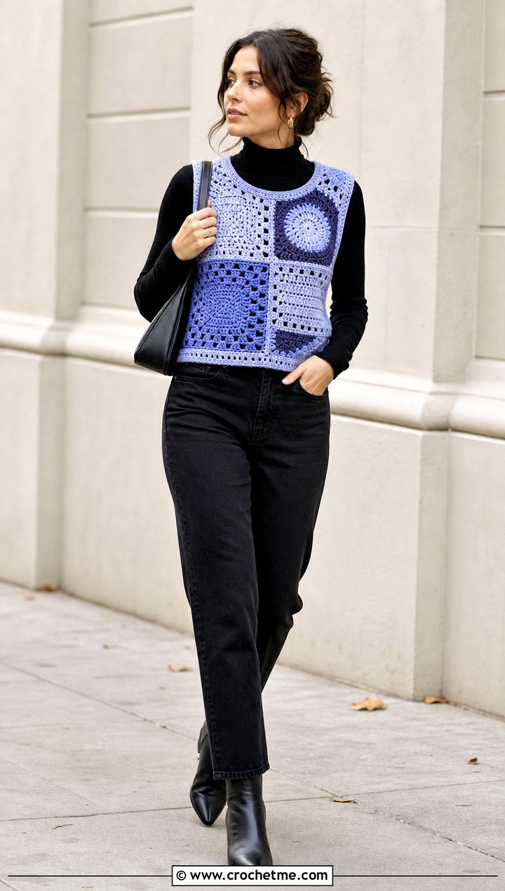 Patchwork Crochet Sweater Vest With Black Jeans - 25 easy crochet sweater vest outfit ideas