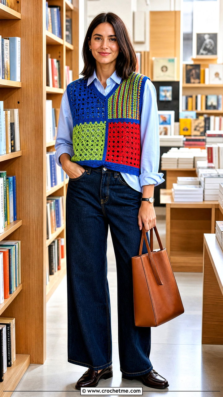 Patchwork Crochet Sweater Vest With Button Down Shirt - 35 patchwork crochet sweater outfit ideas