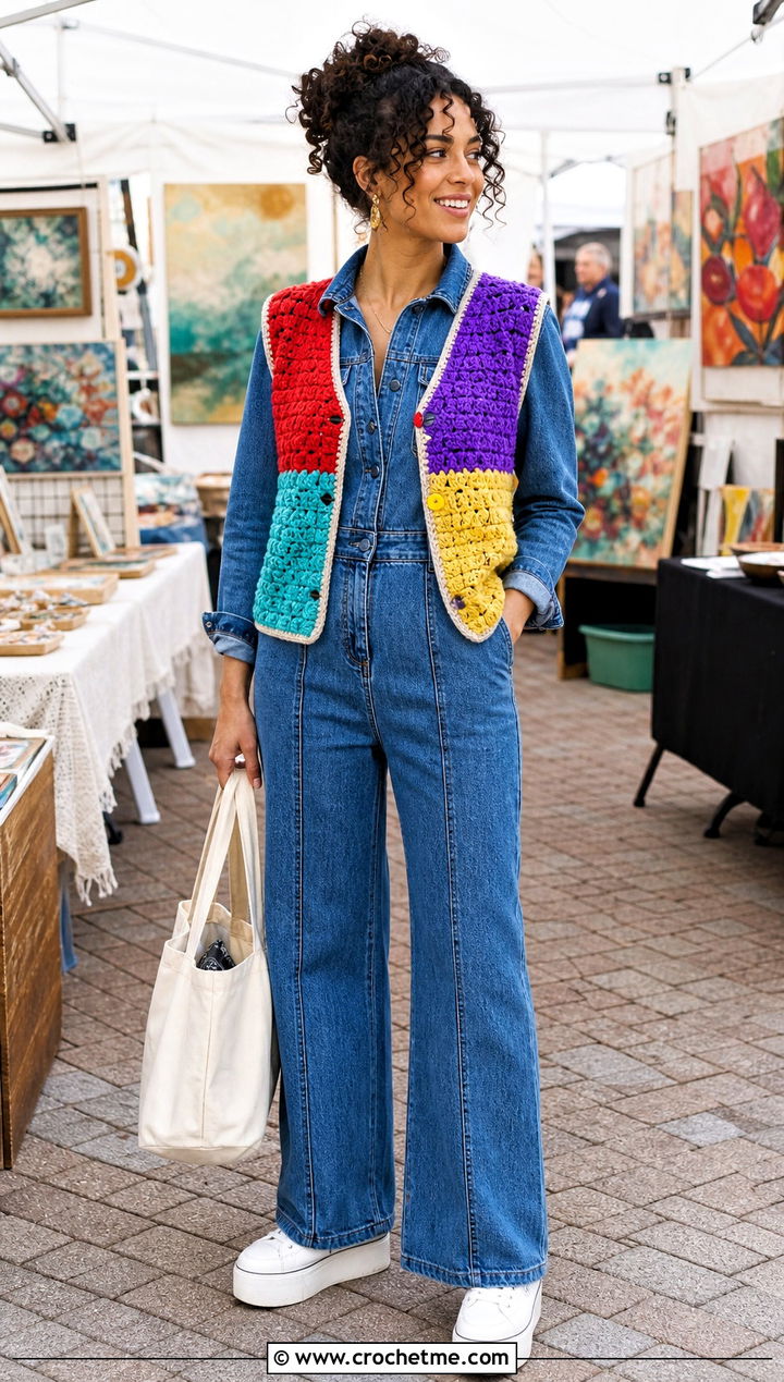Patchwork Crochet Sweater Vest With Denim Jumpsuit - 25 diy crochet sweater vest outfit ideas