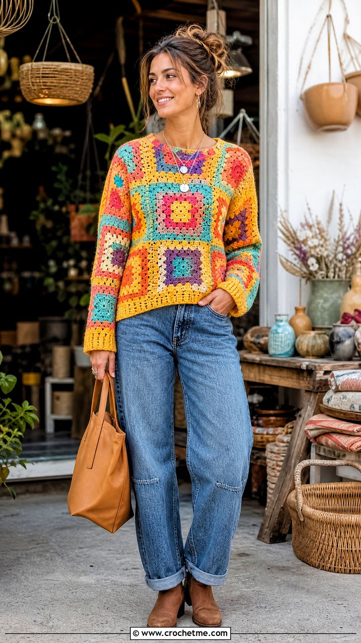 Patchwork Crochet Sweater With Barrel Jeans - 35 crochet sweater ideas