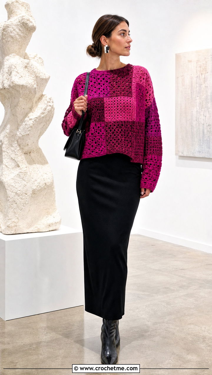 Patchwork Crochet Sweater With Black Column Skirt - 15 Soft Crochet Sweater outfit ideas