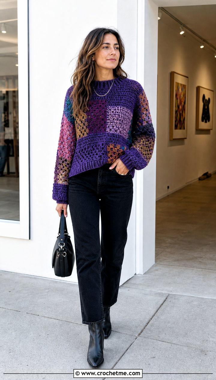 Patchwork Crochet Sweater With Black Denim - 30 crochet key sweater outfit ideas