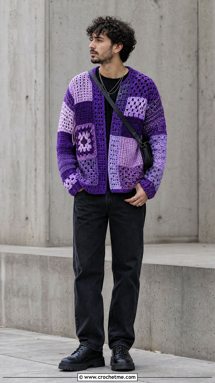 Patchwork Crochet Sweater With Black Denim - 35 men crochet sweater outfit ideas