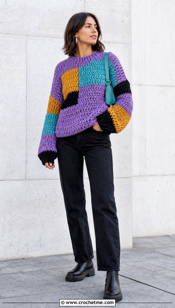 Patchwork Crochet Sweater With Black Denim - 30 bulky yarn crochet sweater outfit ideas