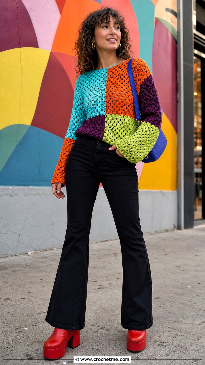 Patchwork Crochet Sweater With Black Flare Jeans - 35 crochet sweater design outfit ideas