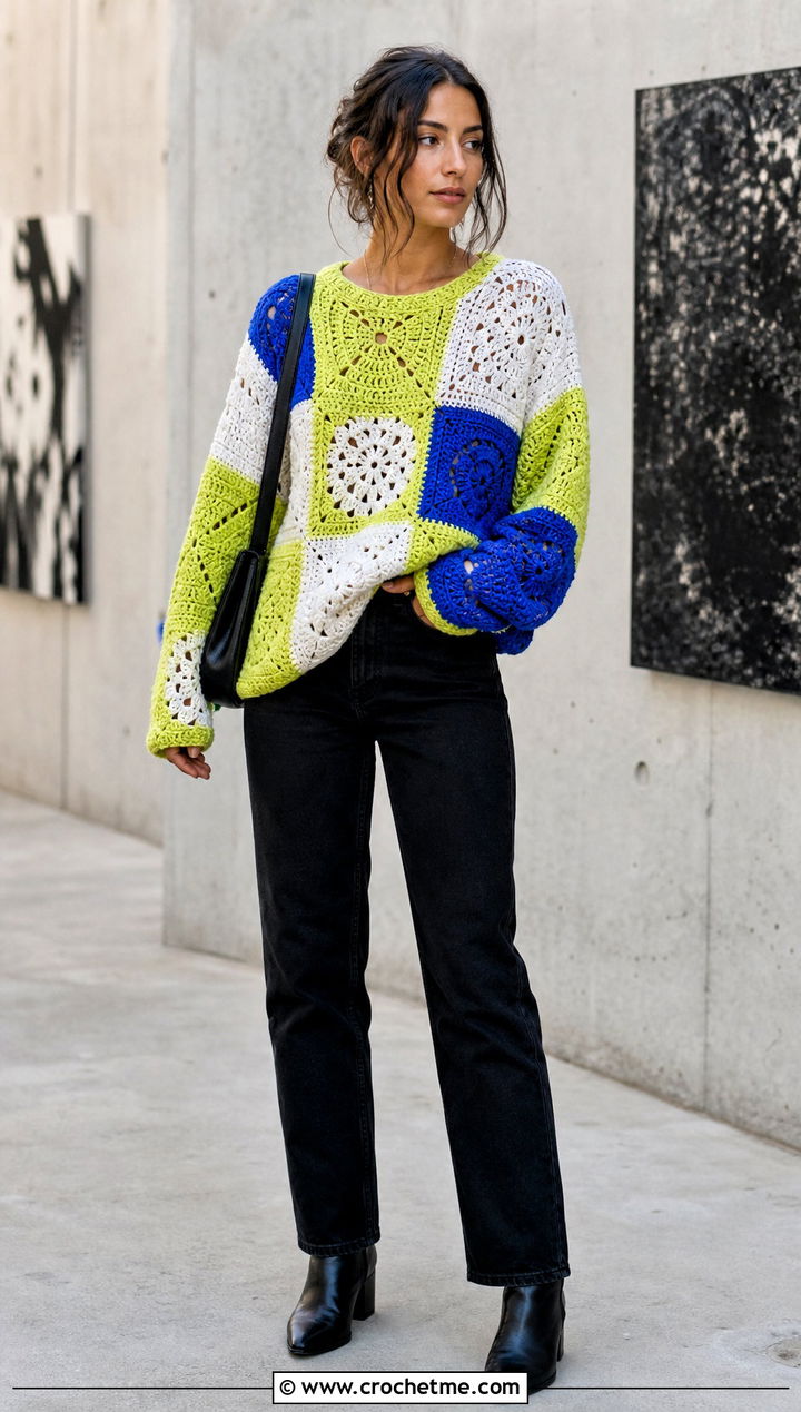 Patchwork Crochet Sweater With Black Jeans - 30 crochet women sweater outfit ideas