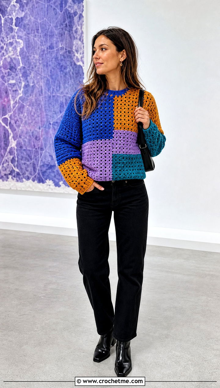 Patchwork Crochet Sweater With Black Jeans - 30 Crocheted Sweater Outfit ideas