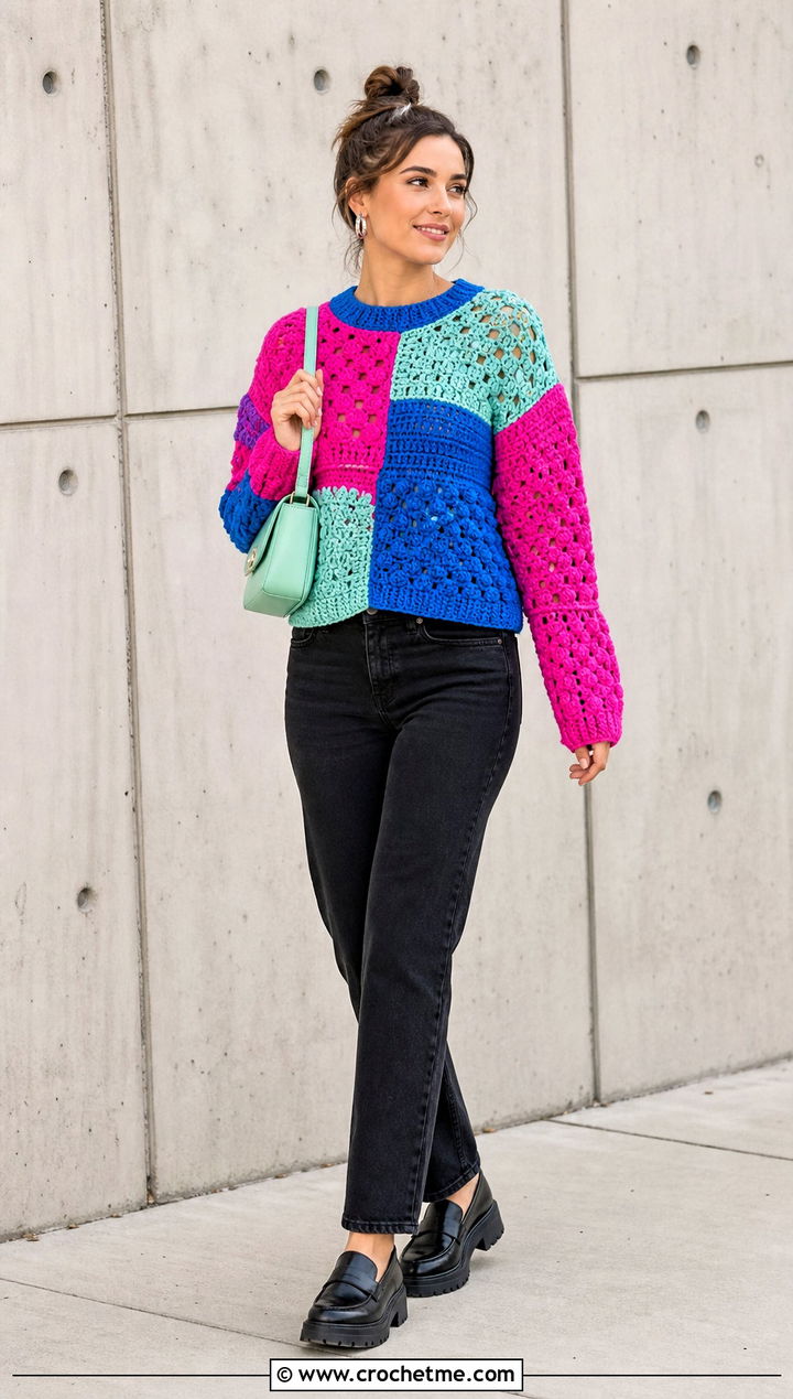 Patchwork Crochet Sweater With Black Jeans - 30 spring crochet sweater outfit ideas
