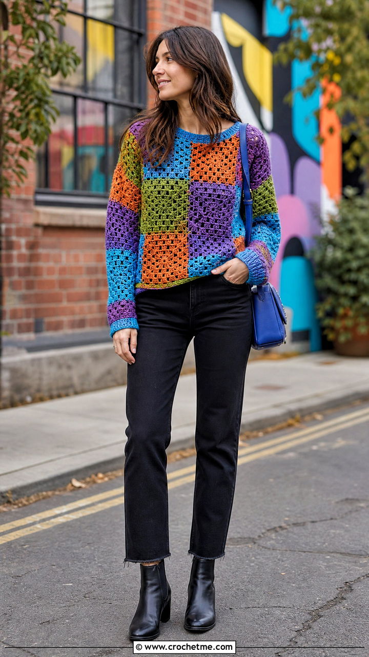 Patchwork Crochet Sweater With Black Jeans - 35 crochet sweaters women outfit ideas