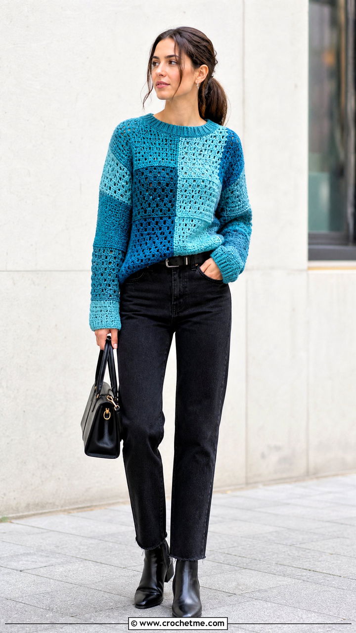 Patchwork Crochet Sweater With Black Jeans - 35 cute crochet sweaters outfit ideas