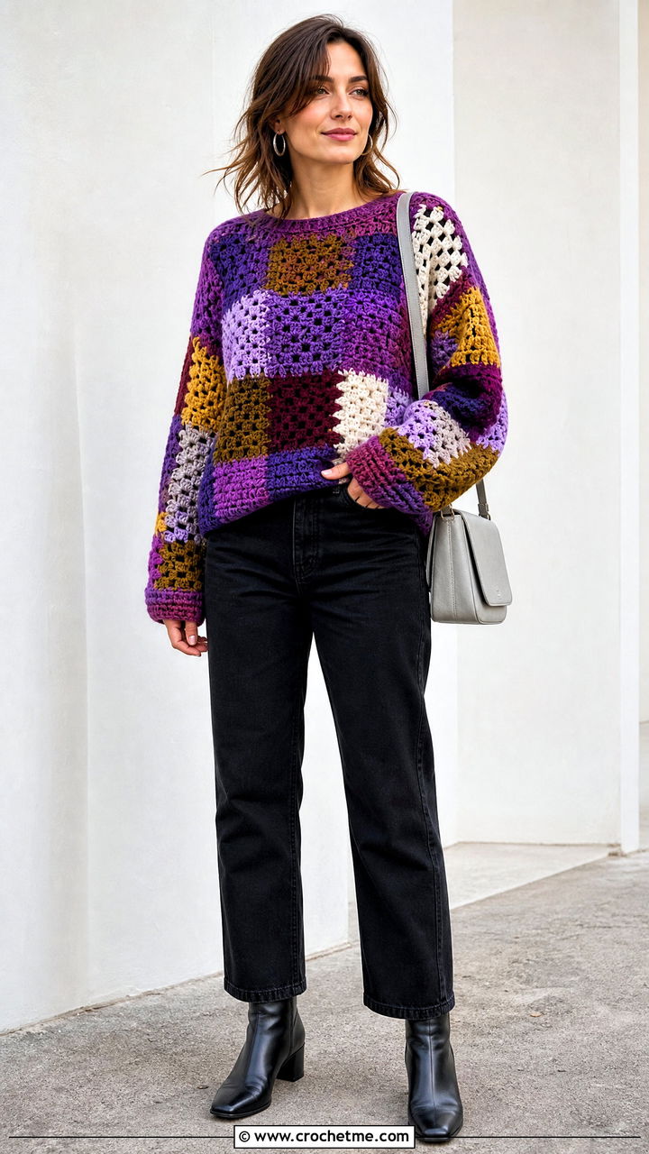 Patchwork Crochet Sweater With Black Jeans - 35 easy crochet sweater outfit ideas