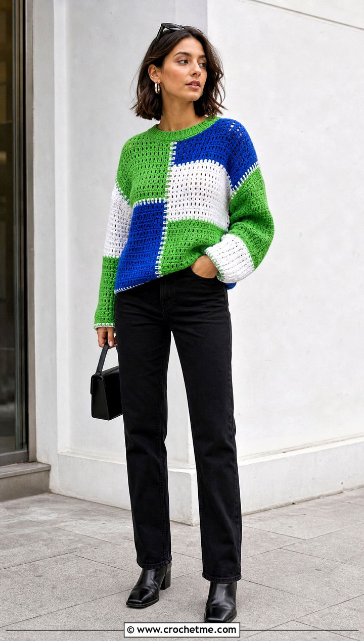 Patchwork Crochet Sweater With Black Jeans - 25 Crochet For Sweaters For Women outfit ideas