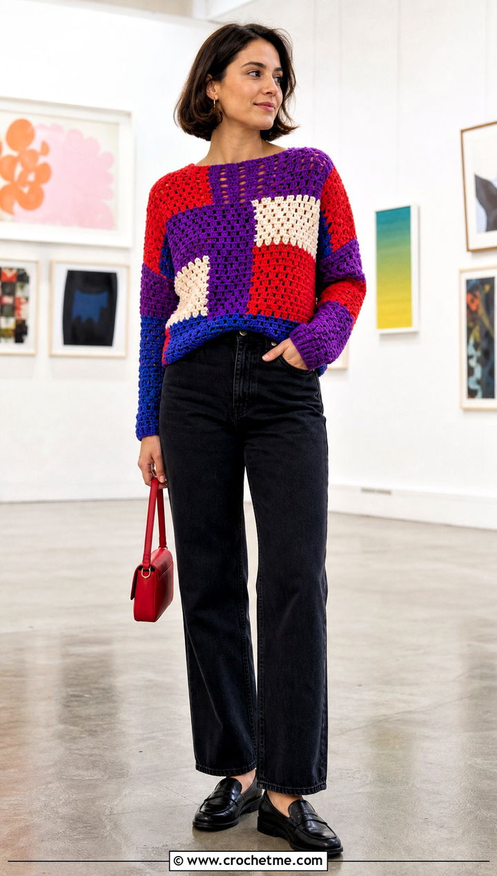 Patchwork Crochet Sweater With Black Jeans - 25 Fire Crochet Sweater outfit ideas