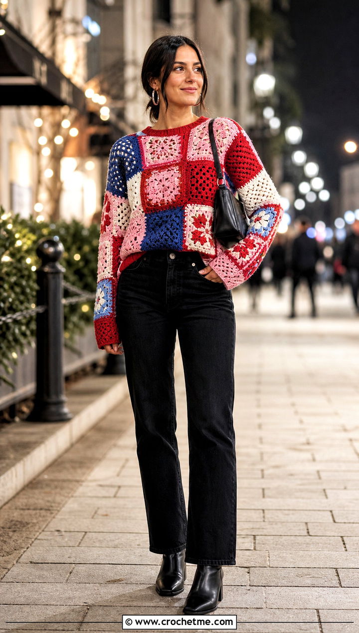 Patchwork Crochet Sweater With Black Jeans - 25 Womens Crochet Sweater outfit ideas