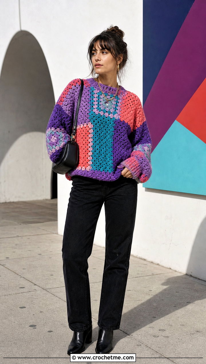 Patchwork Crochet Sweater With Black Jeans - 30 crochet sweater inspiration outfit ideas