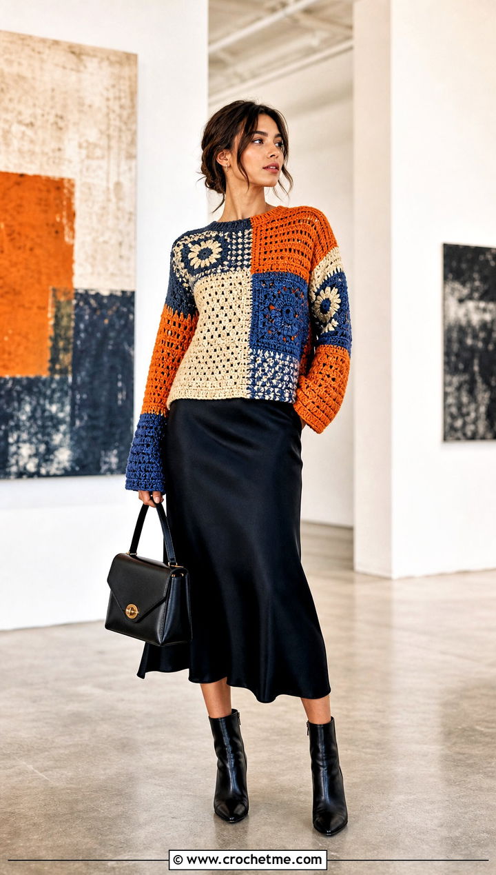 Patchwork Crochet Sweater With Black Midi Skirt - 25 Boho Crochet Sweater outfit ideas