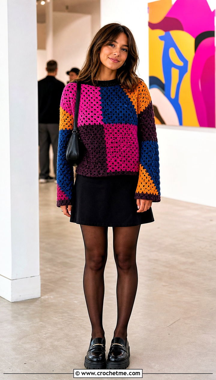 Patchwork Crochet Sweater With Black Mini Skirt - 15 Modern Crochet Sweater outfit ideas