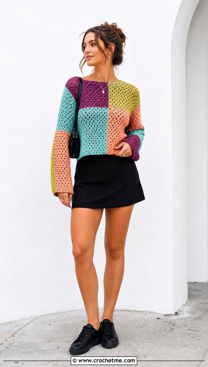 Patchwork Crochet Sweater With Black Mini Skirt - 35 summer crochet sweater outfit ideas