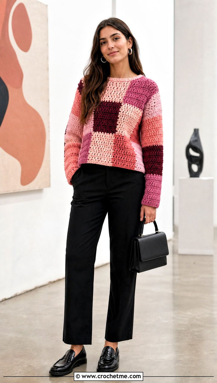 Patchwork Crochet Sweater With Black Straight Leg Pants - 25 Valentines Day Crochet Sweater outfit ideas