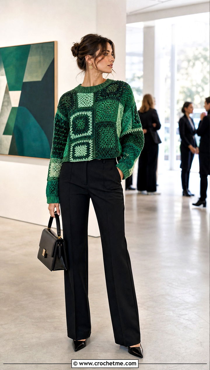 Patchwork Crochet Sweater With Black Suit Trousers - 25 Basic Crochet Sweater outfit ideas