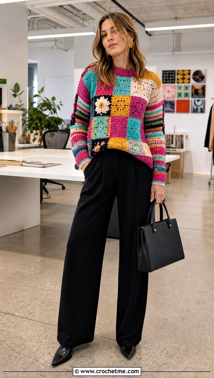 Patchwork Crochet Sweater With Black Trousers - 35 crochet sweater for women outfit ideas