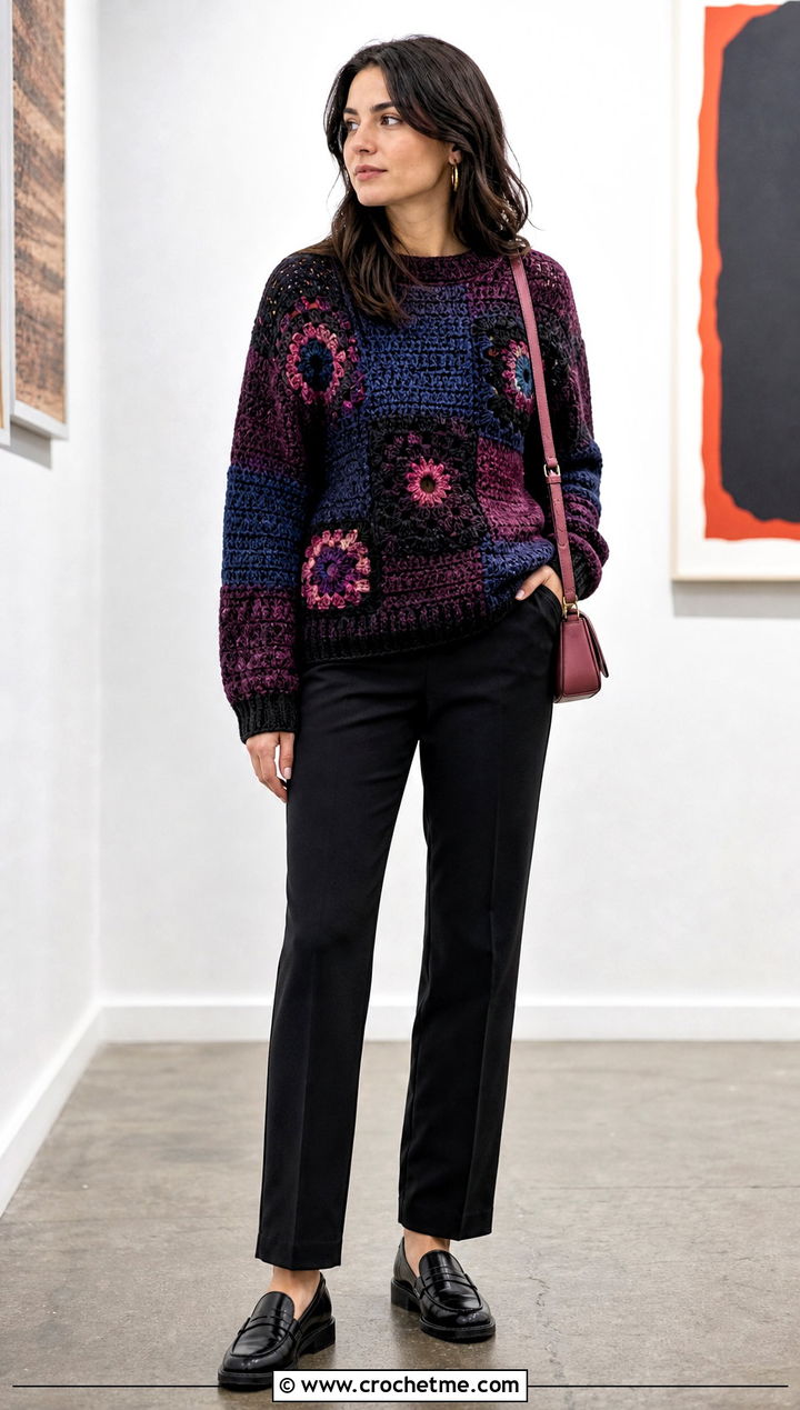Patchwork Crochet Sweater With Black Trousers - 30 Knit And Crochet Sweater outfit ideas