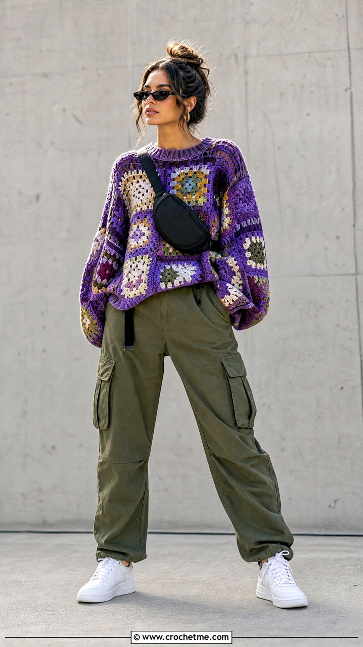 Patchwork Crochet Sweater With Cargo Pants - 35 fall crochet sweater outfit ideas
