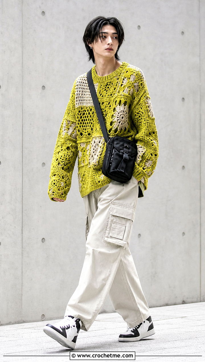 Patchwork Crochet Sweater With Cargo Pants - 25 unisex crochet sweater outfit ideas