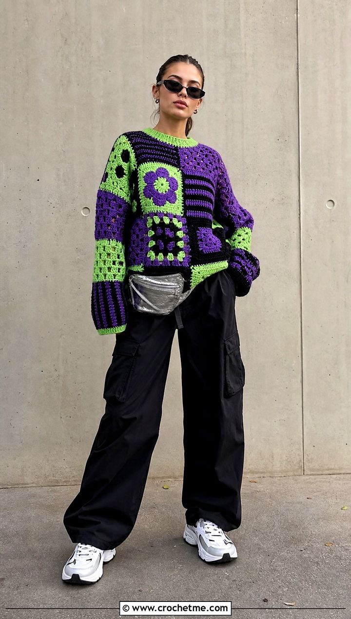 Patchwork Crochet Sweater With Cargo Pants - 15 adult crochet sweater outfit ideas