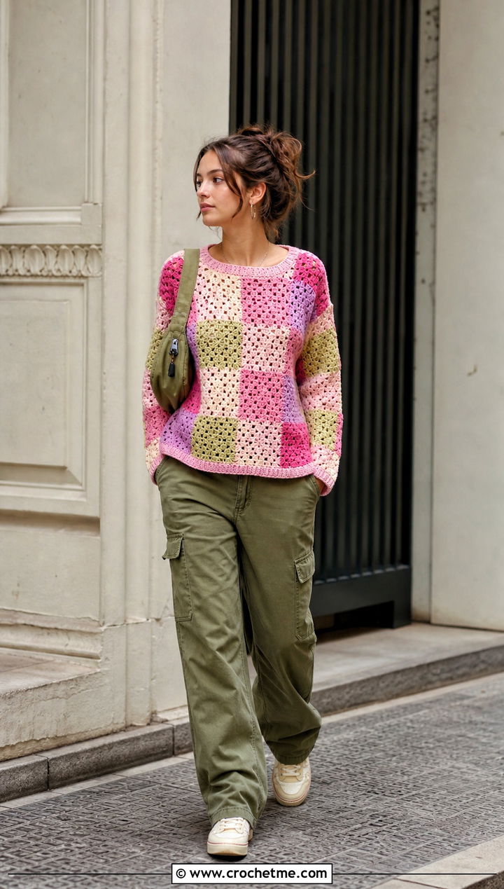 Patchwork Crochet Sweater With Cargo Pants - 15 Boho Style Crochet Sweater outfit ideas