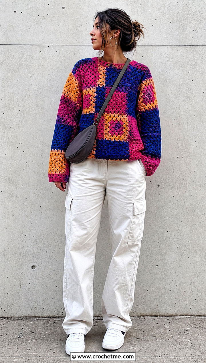 Patchwork Crochet Sweater With Cargo Pants - 15 Crochet Sweater 70S outfit ideas