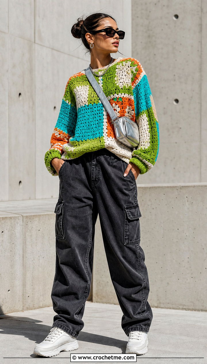 Patchwork Crochet Sweater With Cargo Pants - 15 Crochet Sweater Aesthetic outfit ideas