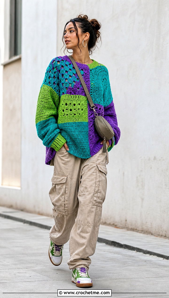 Patchwork Crochet Sweater With Cargo Pants - 15 vibrant crochet sweater design outfit ideas