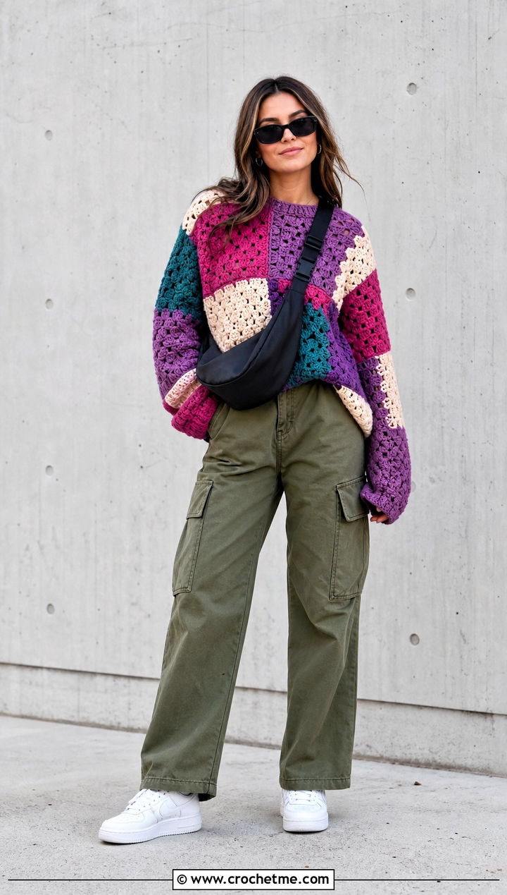 Patchwork Crochet Sweater With Cargo Pants - 20 Autumn Crochet Sweater outfit ideas