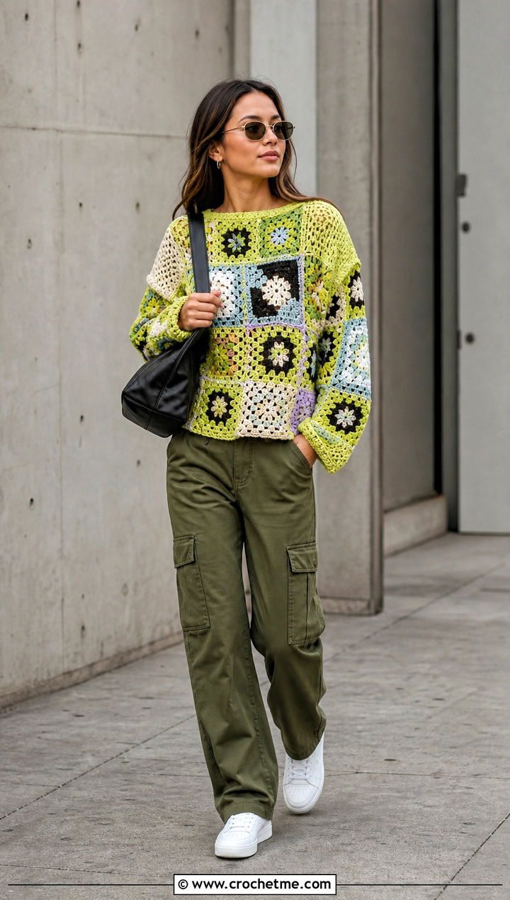 Patchwork Crochet Sweater With Cargo Pants - 30 unique crochet sweater outfit ideas