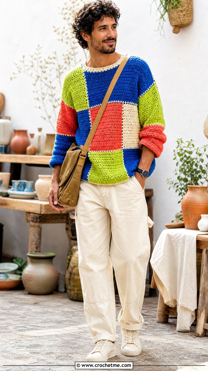 Patchwork Crochet Sweater With Carpenter Jeans - 35 crochet mens sweater outfit ideas