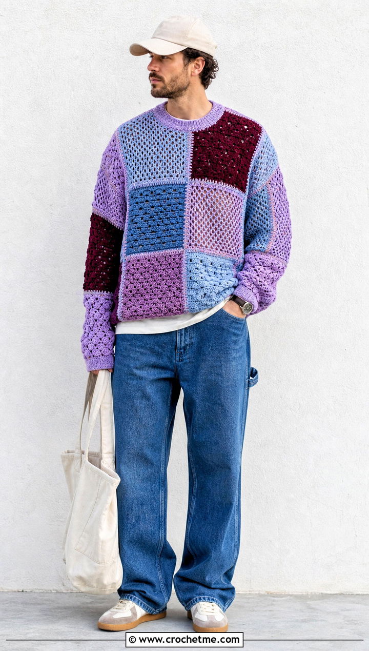 Patchwork Crochet Sweater With Carpenter Jeans - 25 man crochet sweater outfit ideas