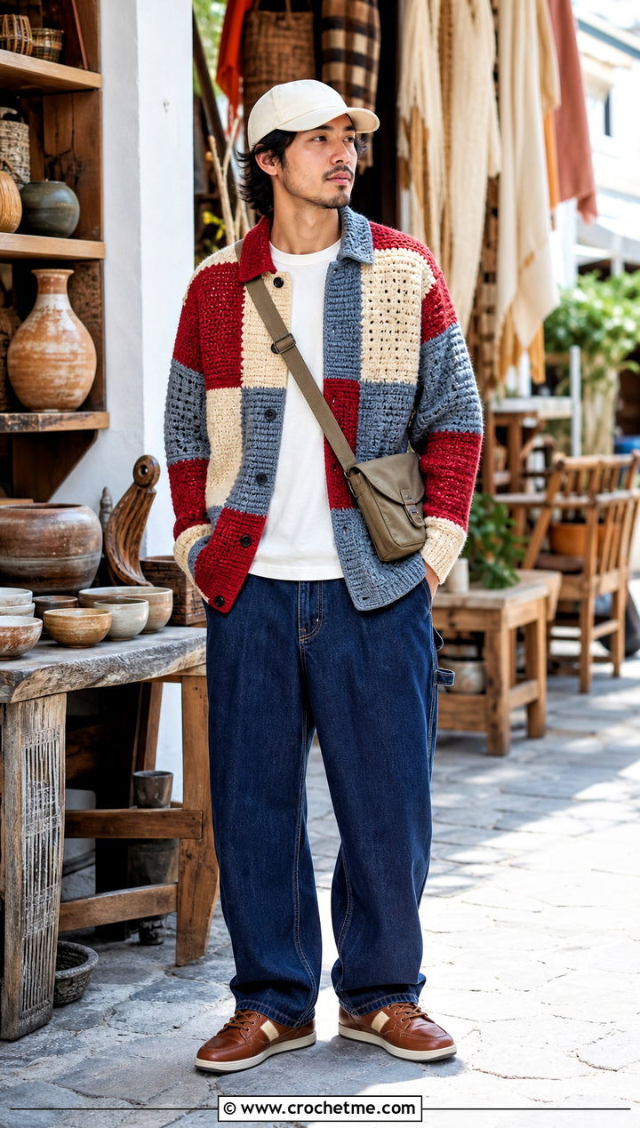 Patchwork Crochet Sweater With Carpenter Jeans - 25 Mens Crochet Sweaters outfit ideas